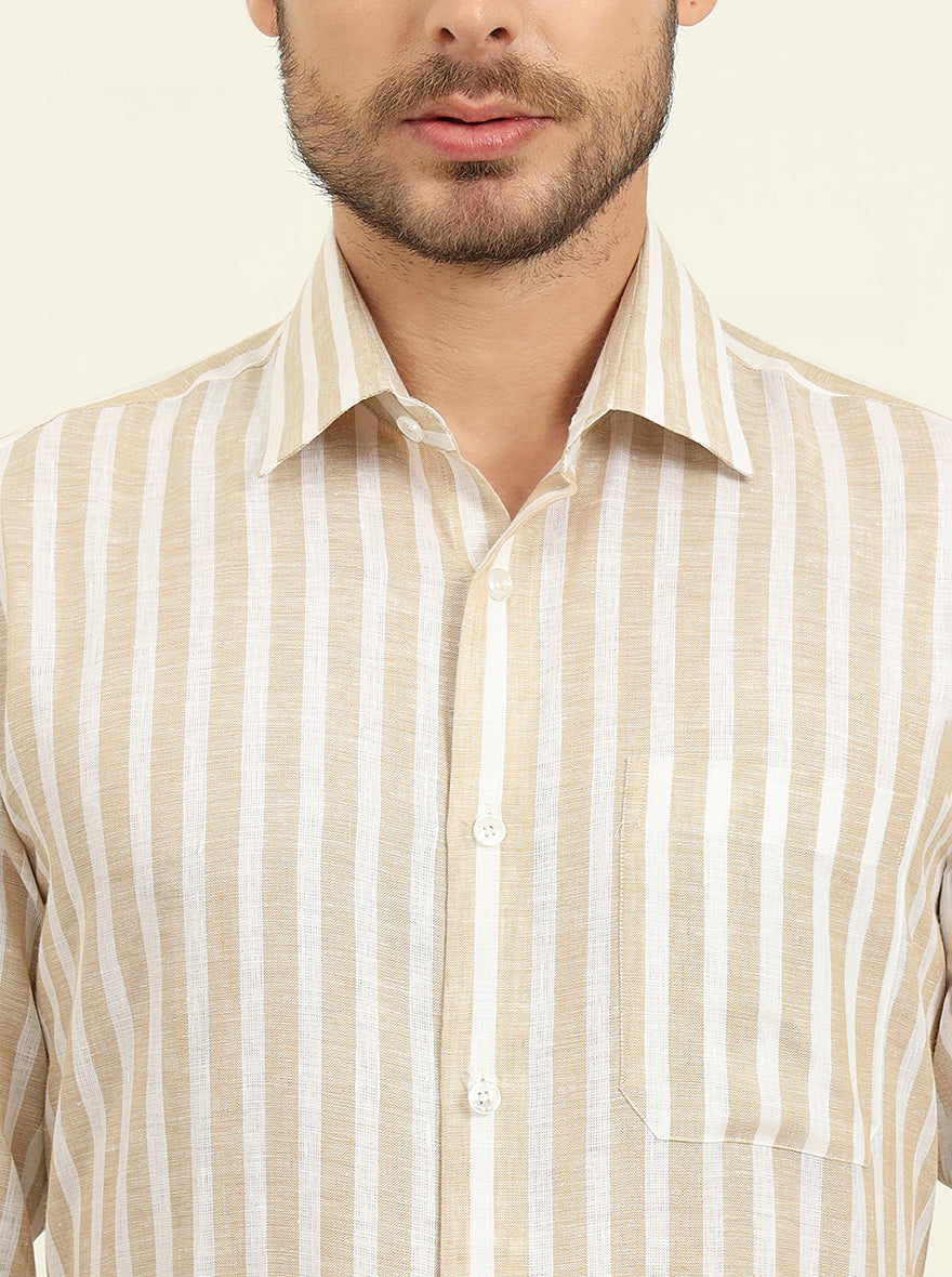 Beige & White Striped Regular Fit Formal Shirt | JadeBlue