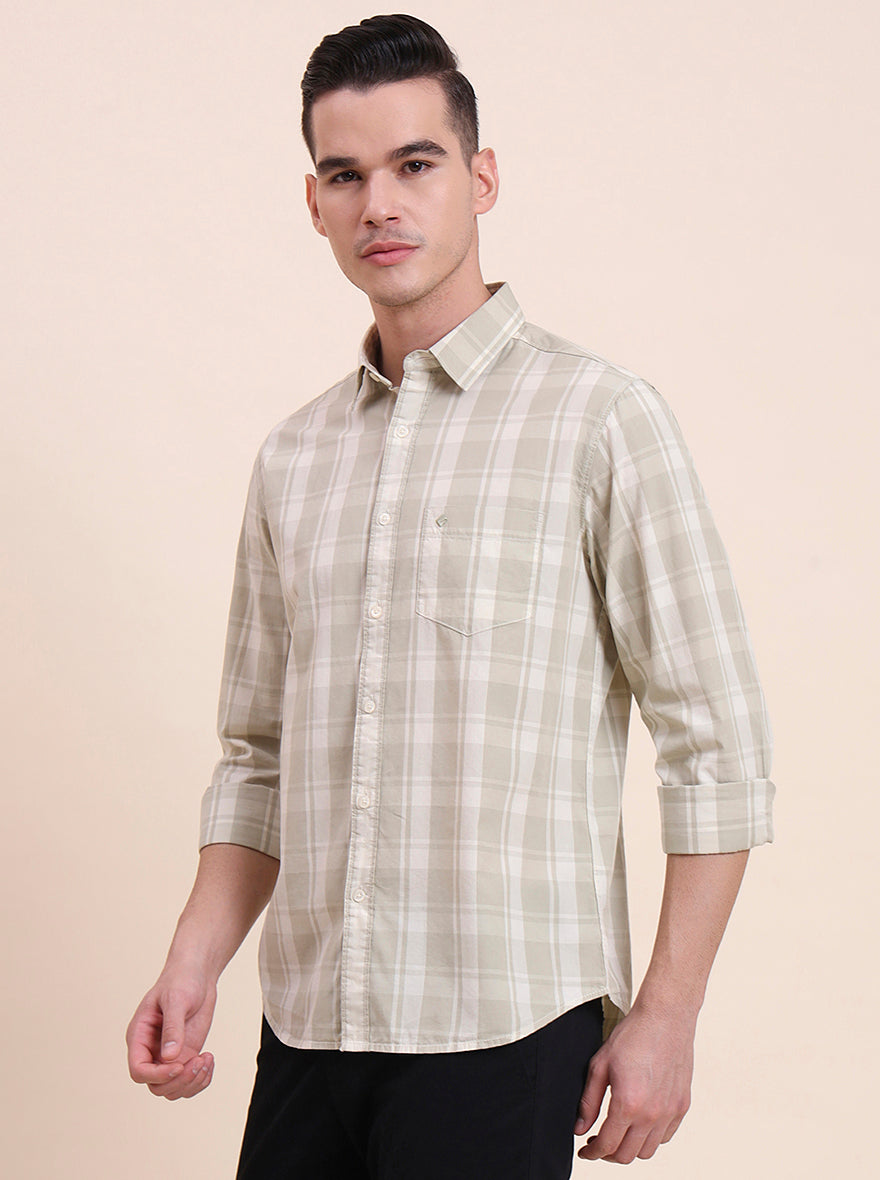 Light Green Checked Slim Fit Casual Shirt | Greenfibre