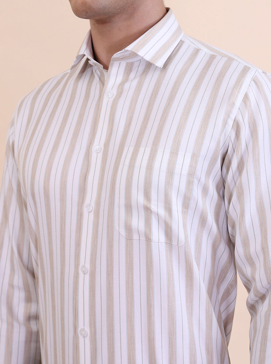 White & Fawn Striped Slim Fit Formal Shirt | Greenfibre
