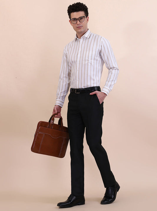 White & Fawn Striped Slim Fit Formal Shirt | Greenfibre