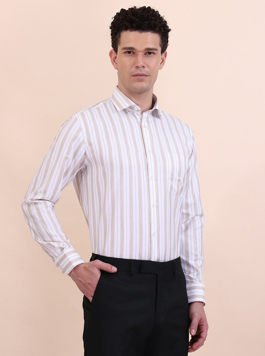 White & Fawn Striped Slim Fit Formal Shirt | Greenfibre