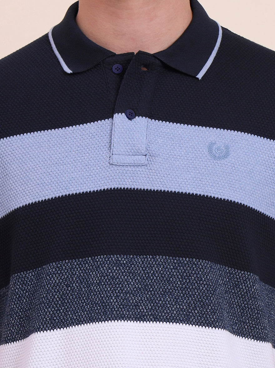 Blue & White Striped Slim Fit Polo T-Shirt | Greenfibre
