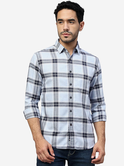 Light Blue Checked Slim Fit Casual Shirt | Greenfibre