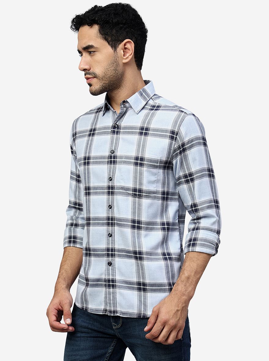 Light Blue Checked Slim Fit Casual Shirt | Greenfibre