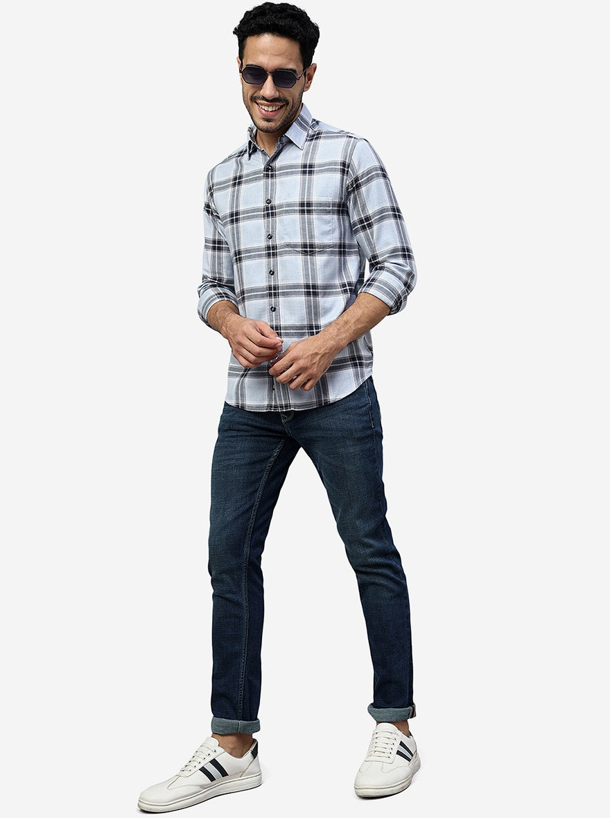 Light Blue Checked Slim Fit Casual Shirt | Greenfibre