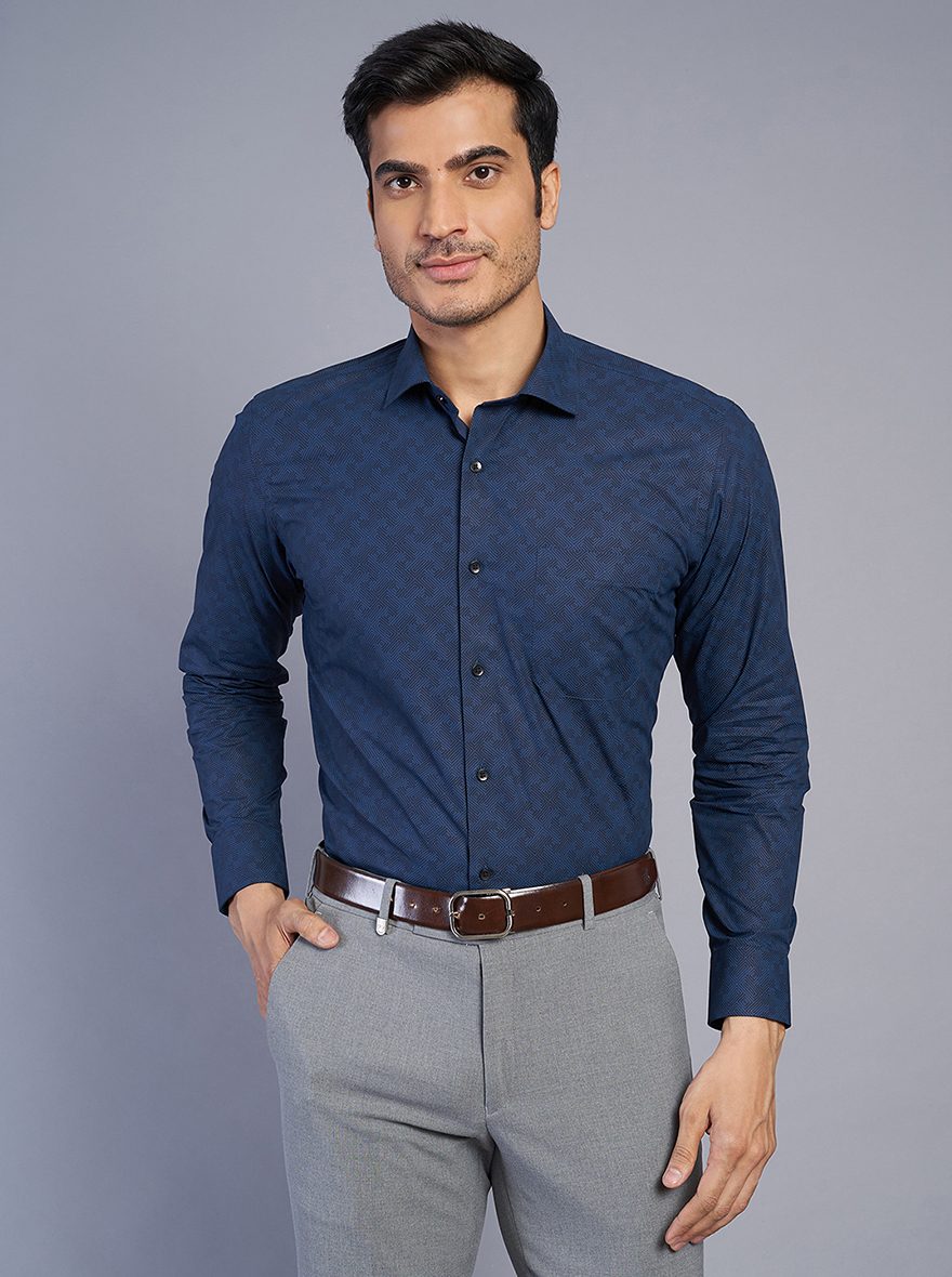 Greenfibre Navy Blue Slim Fit Printed Cotton Blend Formal Shirt