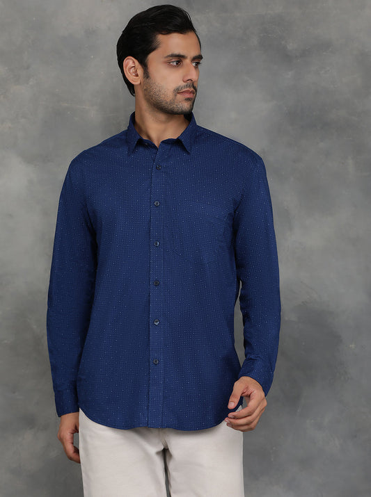 Navy Blue Printed Smart Fit Semi Casual Shirt | GreenFibre