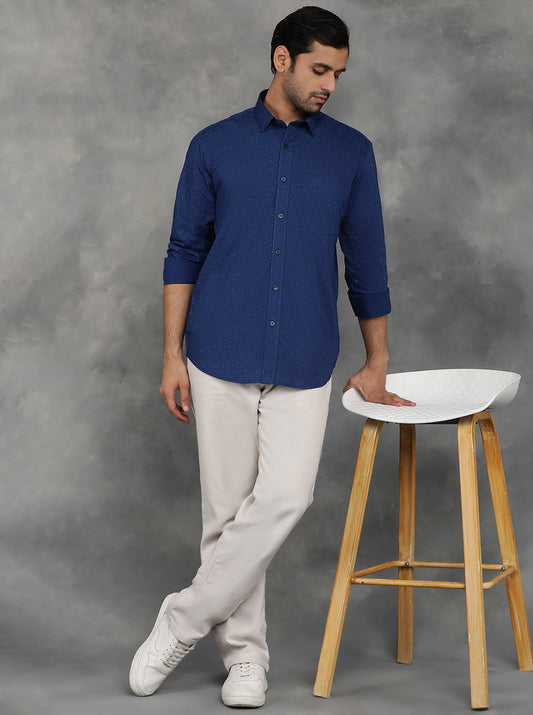 Navy Blue Printed Smart Fit Semi Casual Shirt | GreenFibre