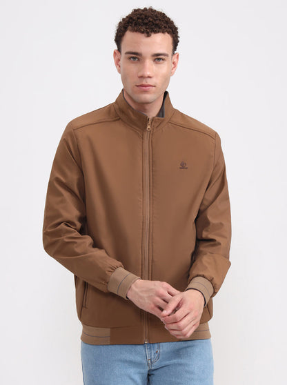 Khaki & Grey Solid Slim Fit Winter Jacket | Greenfibre