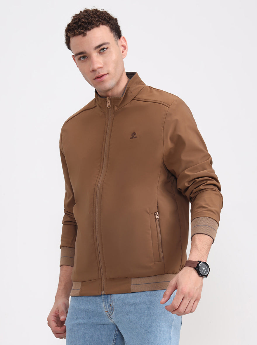 Khaki & Grey Solid Slim Fit Winter Jacket | Greenfibre
