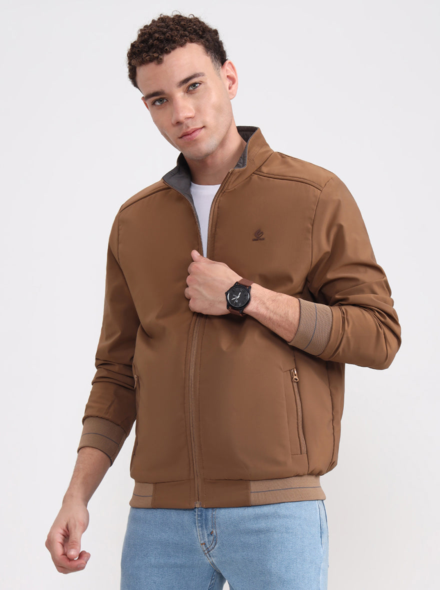 Khaki & Grey Solid Slim Fit Winter Jacket | Greenfibre