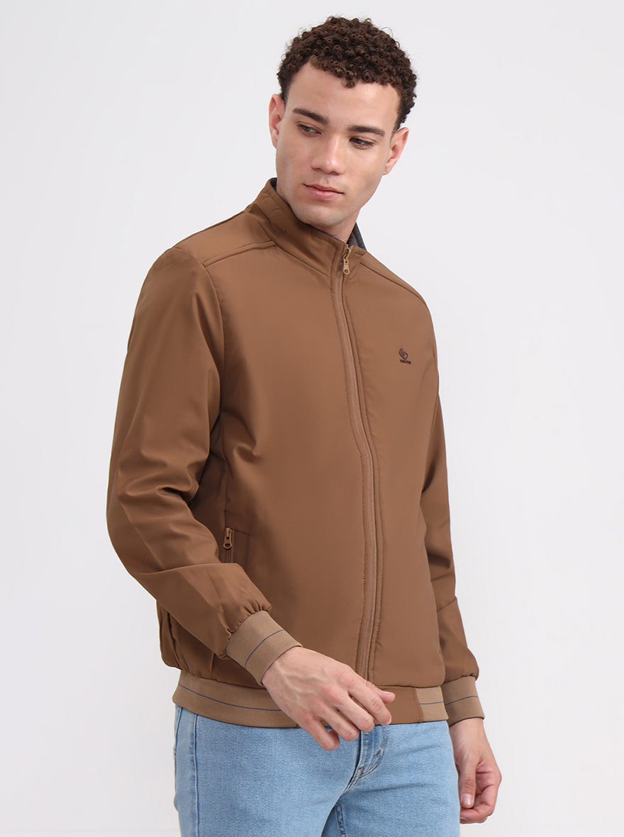 Khaki & Grey Solid Slim Fit Winter Jacket | Greenfibre