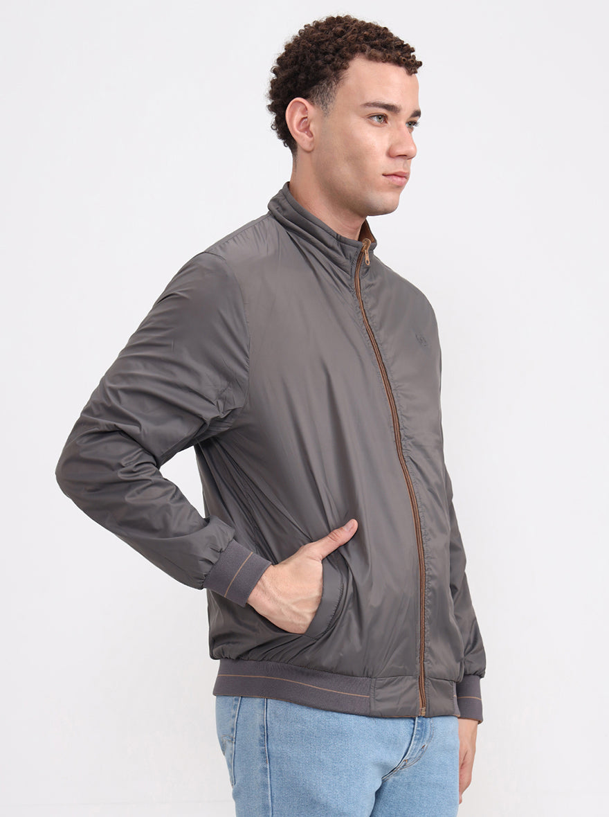 Khaki & Grey Solid Slim Fit Winter Jacket | Greenfibre