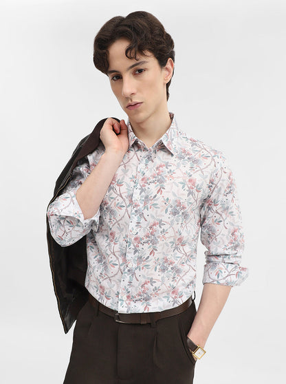 White & Green Printed Slim Fit Casual Shirt | Greenfibre