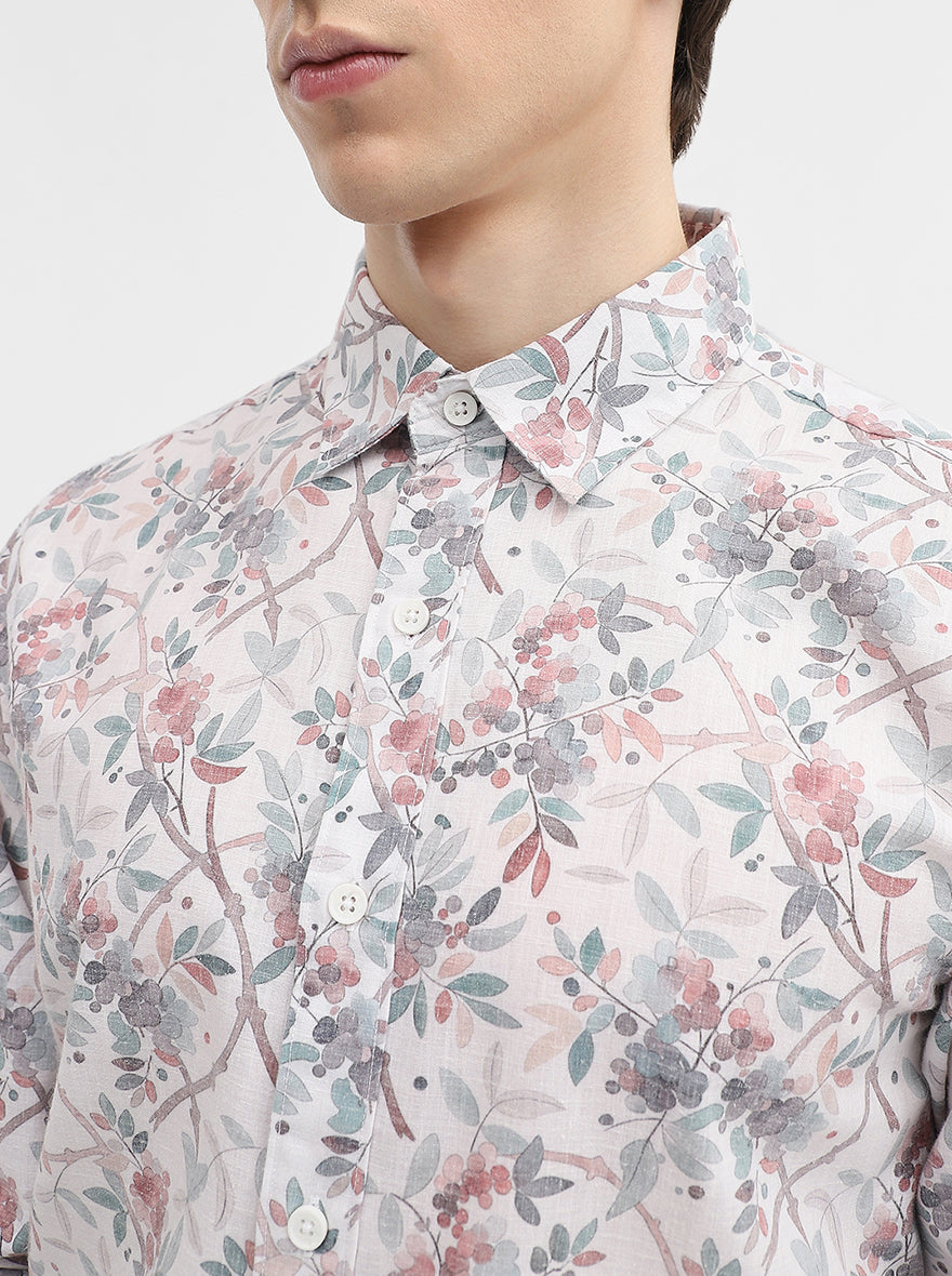 White & Green Printed Slim Fit Casual Shirt | Greenfibre
