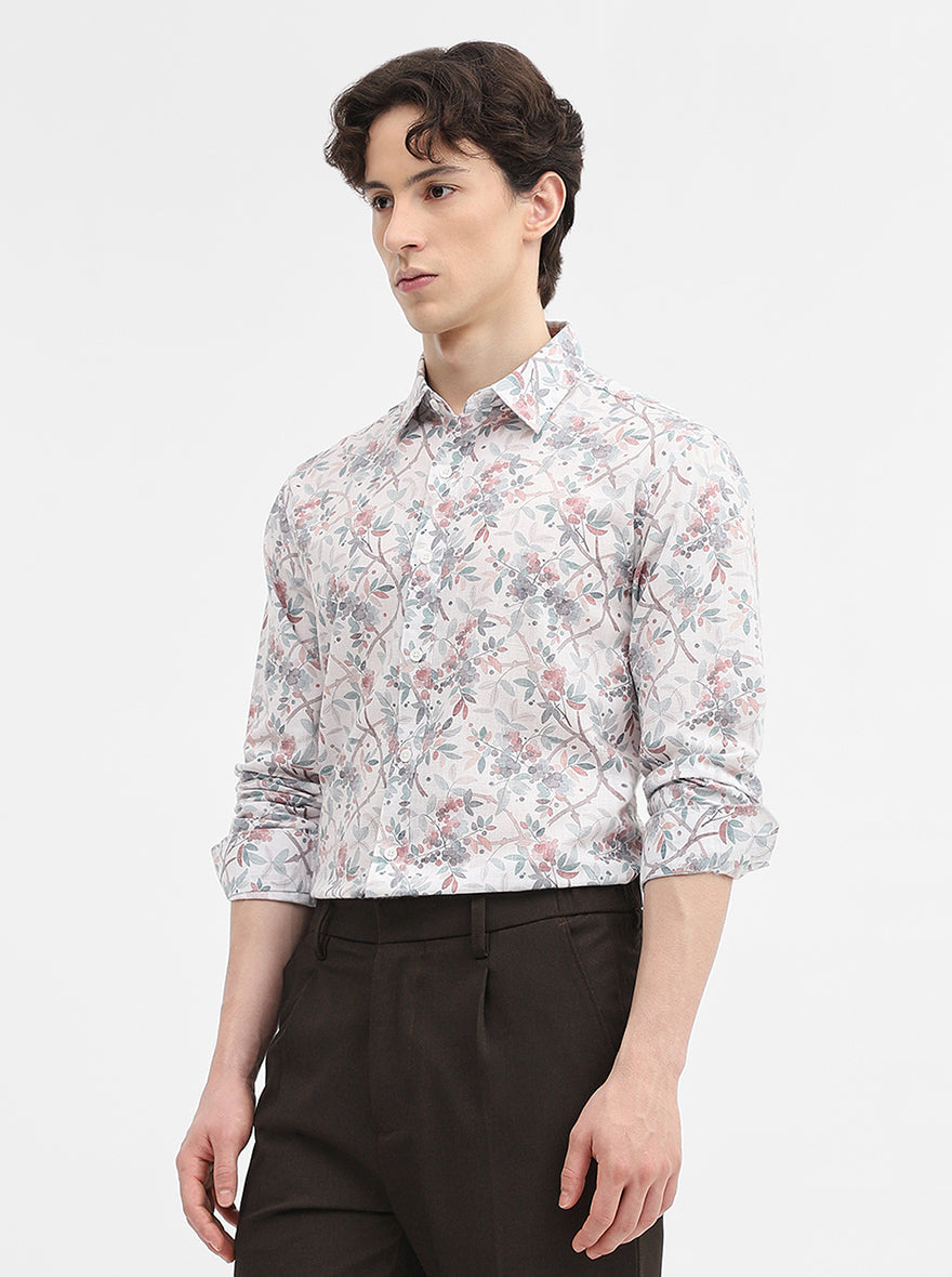 White & Green Printed Slim Fit Casual Shirt | Greenfibre