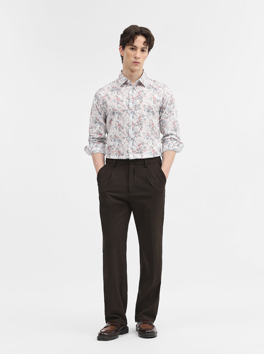White & Green Printed Slim Fit Casual Shirt | Greenfibre