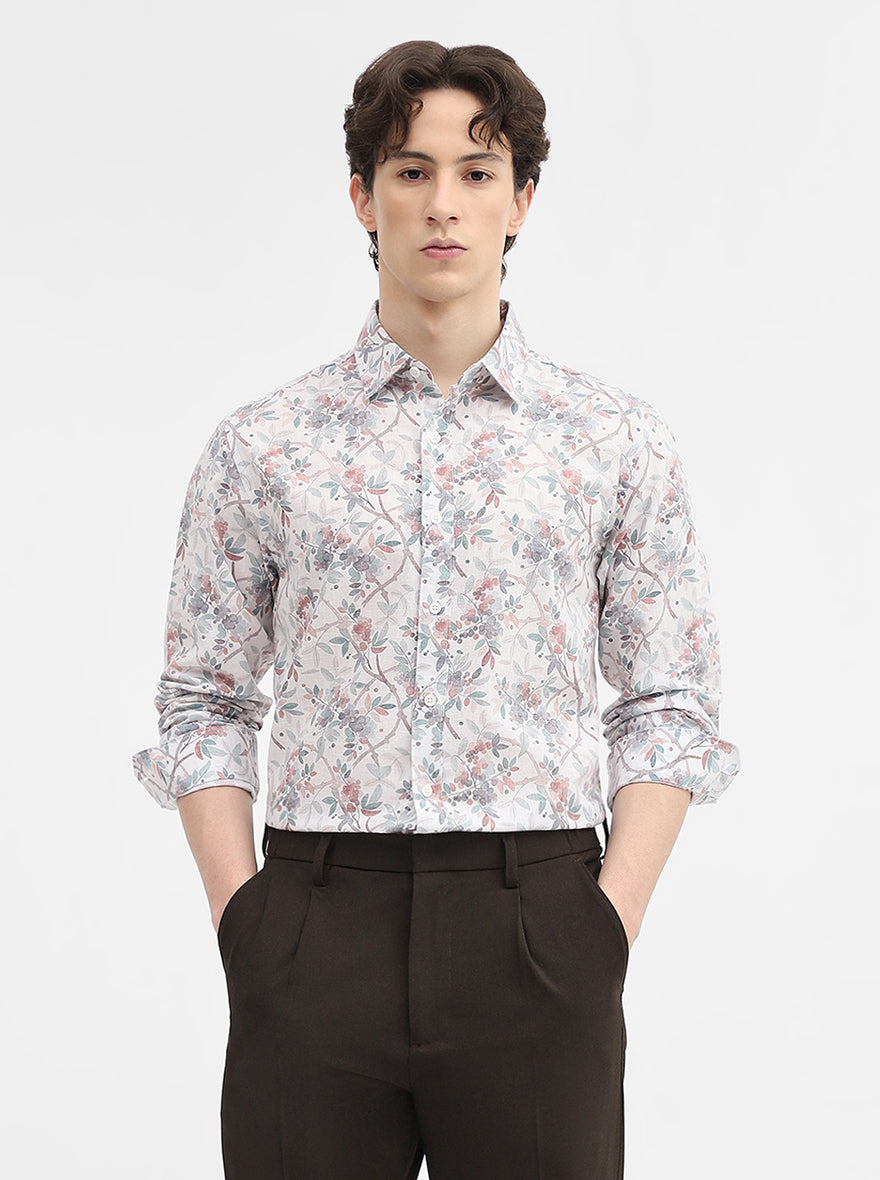 White & Green Printed Slim Fit Casual Shirt | Greenfibre