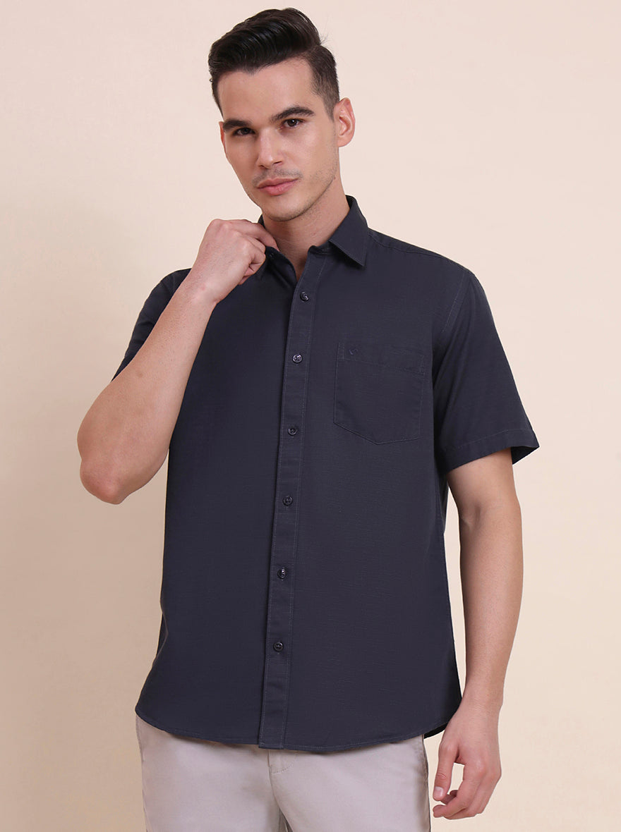 Charcoal Blue Solid Smart Fit Semi Casual Shirt | Greenfibre