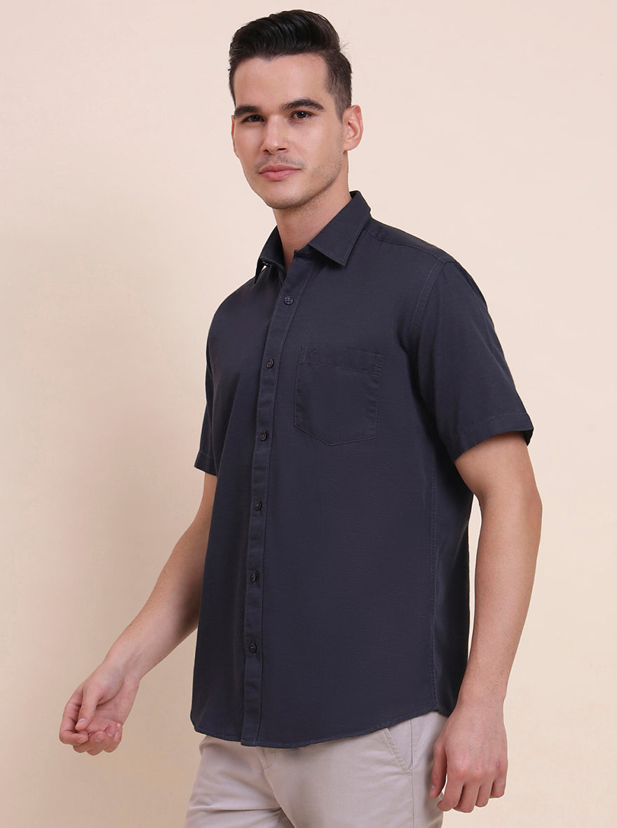 Charcoal Blue Solid Smart Fit Semi Casual Shirt | Greenfibre