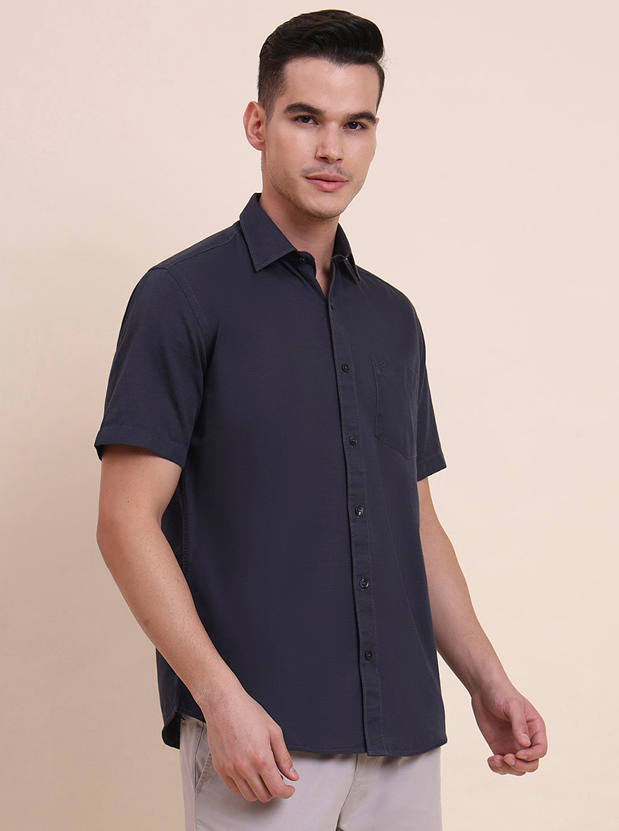 Charcoal Blue Solid Smart Fit Semi Casual Shirt | Greenfibre