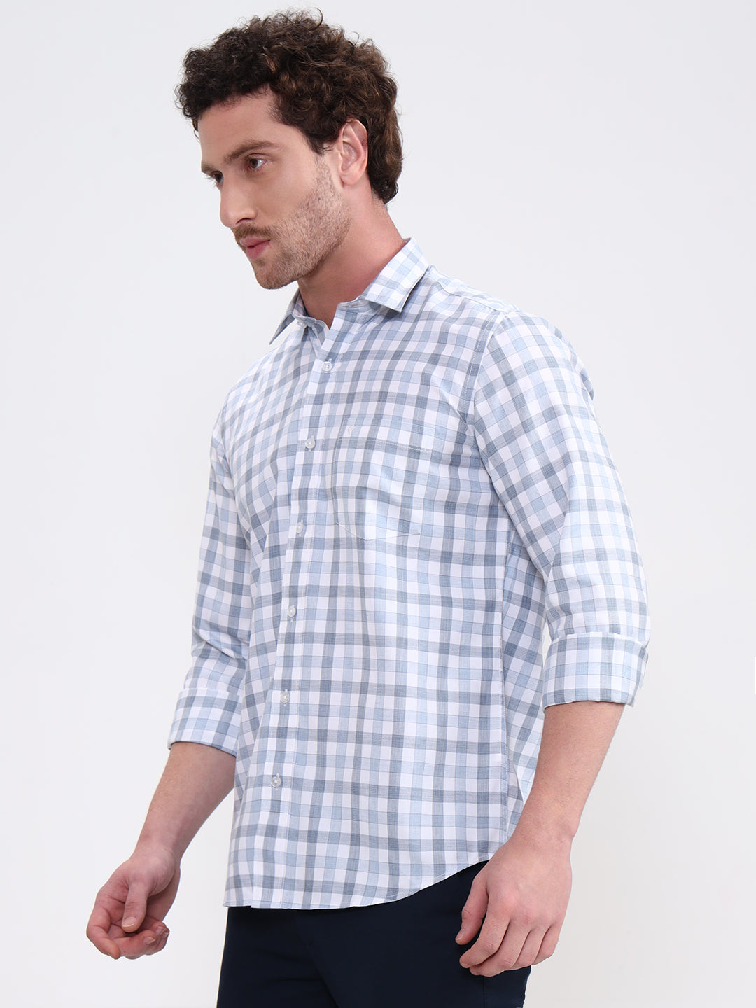 Blue Checked Smart Fit Semi Casual Shirt | Greenfibre