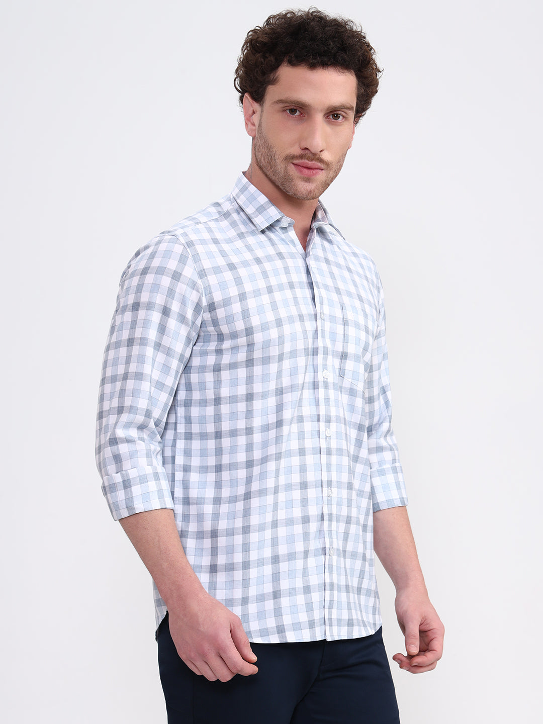 Blue Checked Smart Fit Semi Casual Shirt | Greenfibre