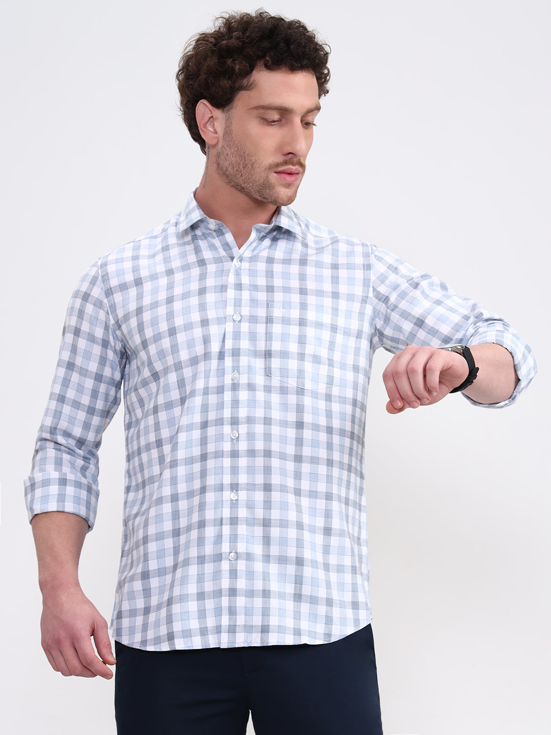 Blue Checked Smart Fit Semi Casual Shirt | Greenfibre