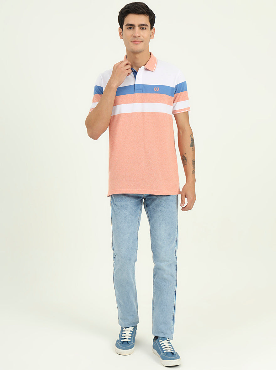 White & Peach Striped Slim Fit Polo T-Shirt | Greenfibre