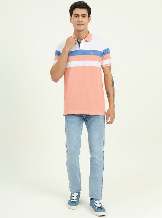 White & Peach Striped Slim Fit Polo T-Shirt | Greenfibre