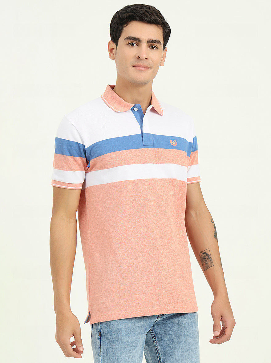 White & Peach Striped Slim Fit Polo T-Shirt | Greenfibre