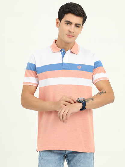 White & Peach Striped Slim Fit Polo T-Shirt | Greenfibre