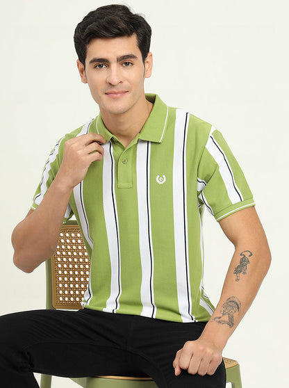 Green & White Striped Slim Fit Polo T-Shirt | Greenfibre
