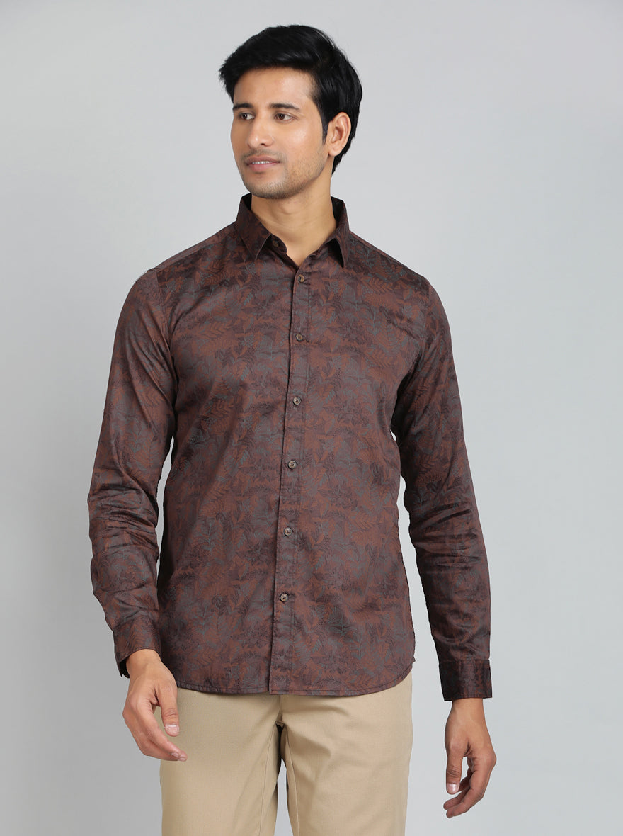 Brown Printed Slim Fit Casual Shirt | JadeBlue