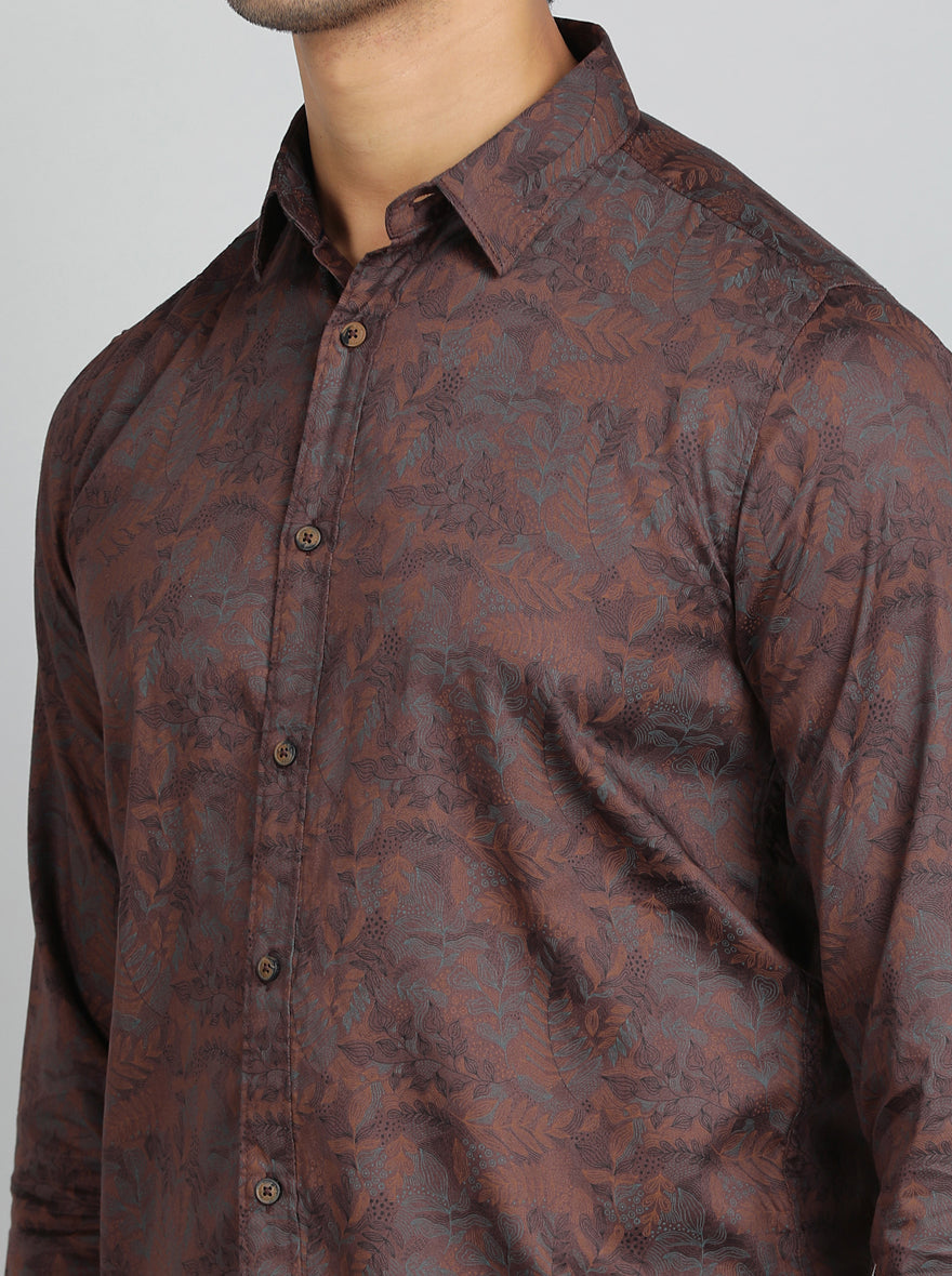 Brown Printed Slim Fit Casual Shirt | JadeBlue