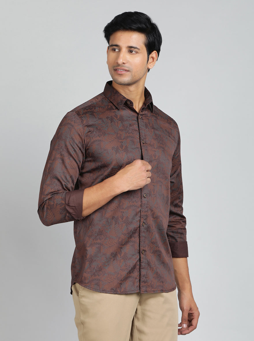 Brown Printed Slim Fit Casual Shirt | JadeBlue