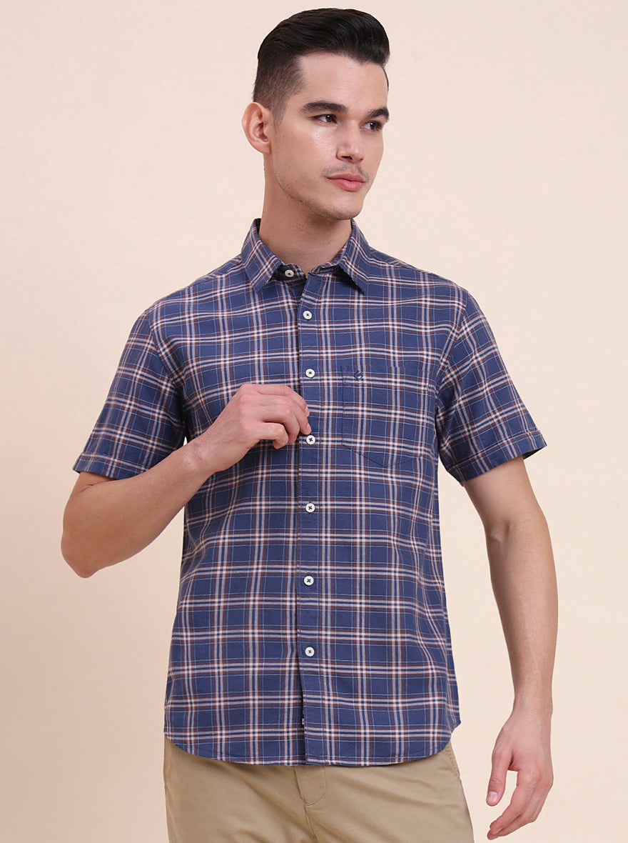 Navy Blue Checked Slim Fit Casual Shirt | Greenfibre