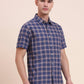 Navy Blue Checked Slim Fit Casual Shirt | Greenfibre