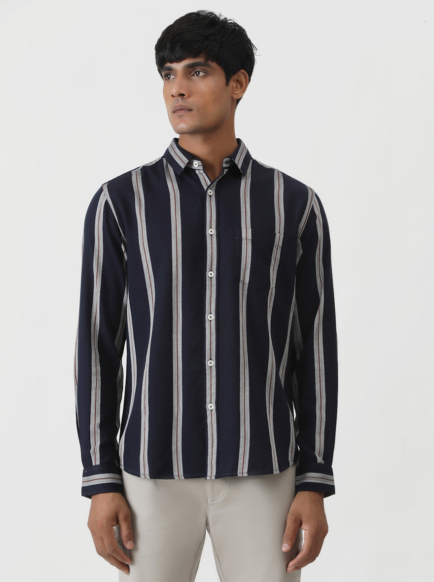 Navy Blue Striped Slim Fit Casual Shirt | Greenfibre