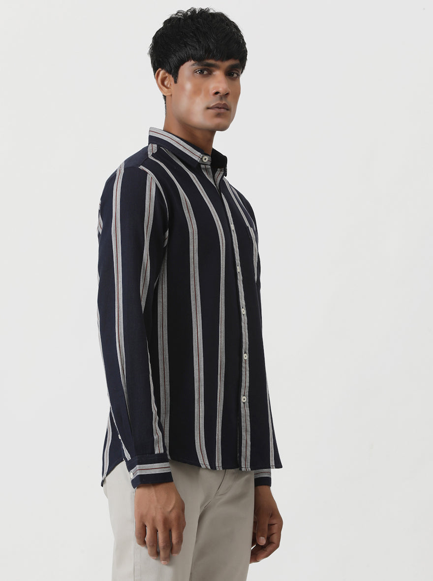 Navy Blue Striped Slim Fit Casual Shirt | Greenfibre