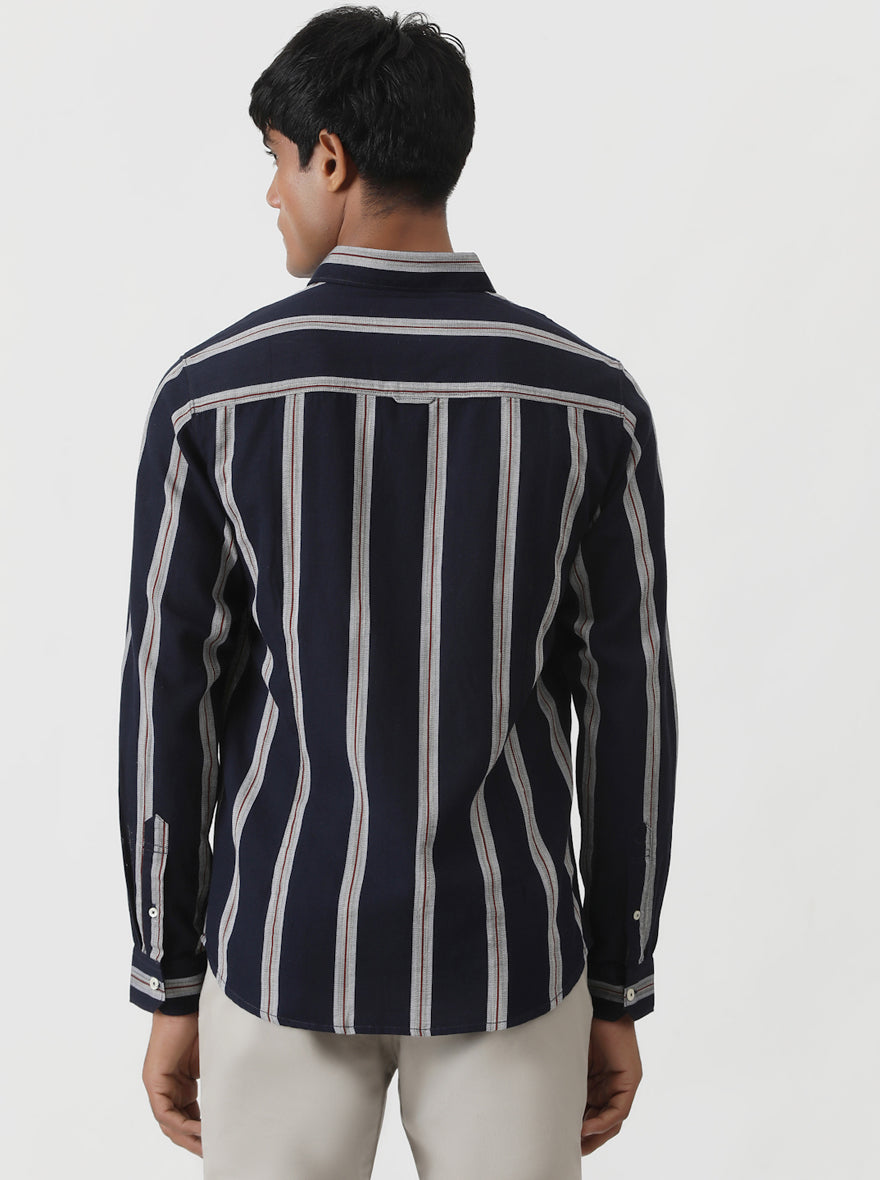 Navy Blue Striped Slim Fit Casual Shirt | Greenfibre