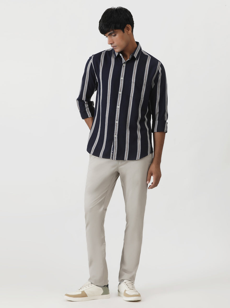 Navy Blue Striped Slim Fit Casual Shirt | Greenfibre