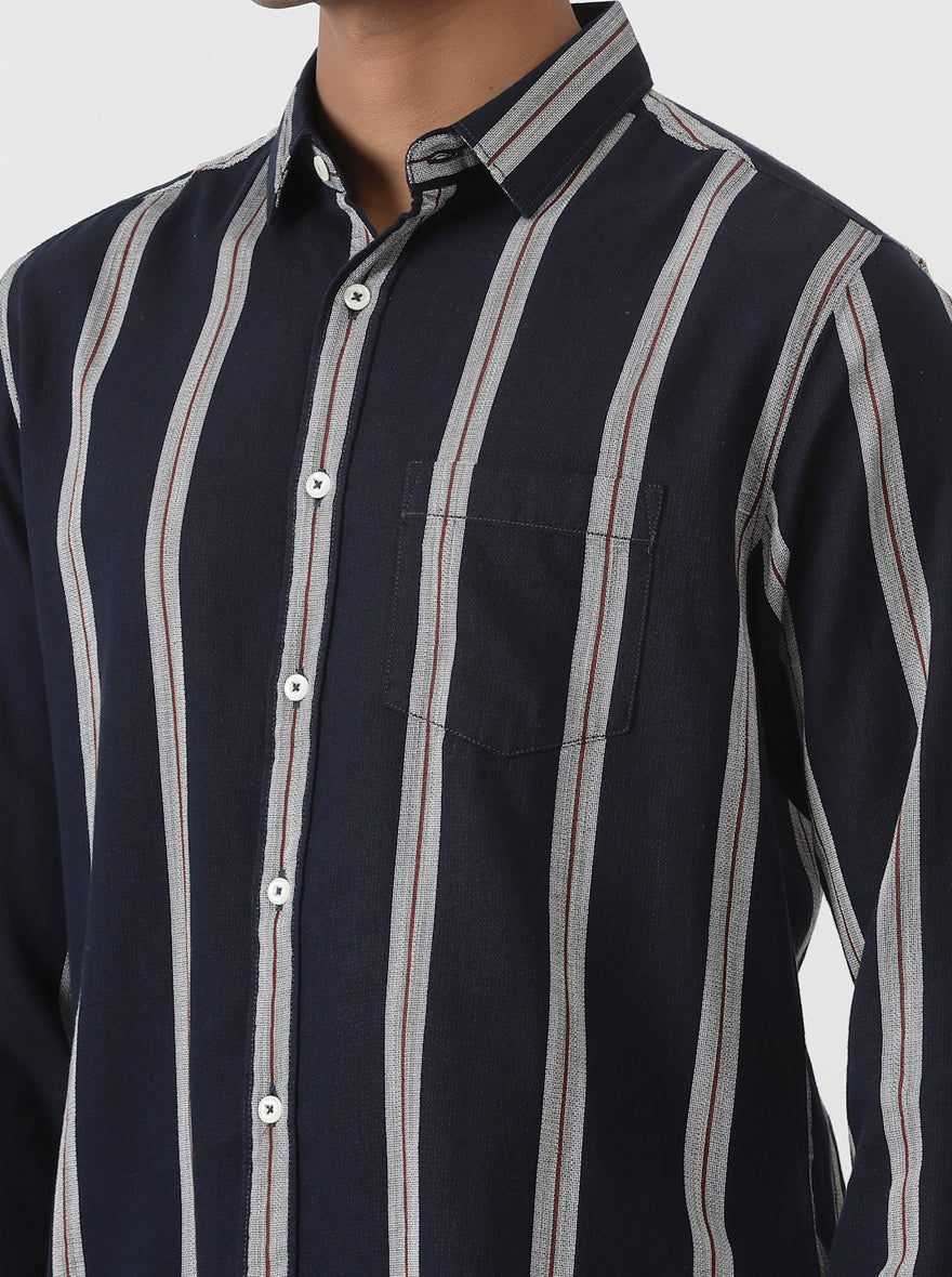 Navy Blue Striped Slim Fit Casual Shirt | Greenfibre