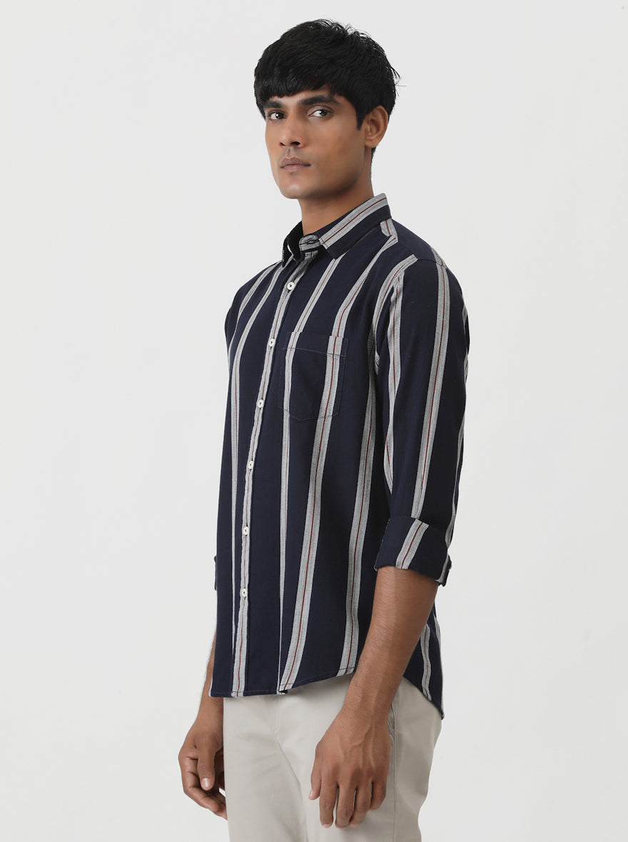 Navy Blue Striped Slim Fit Casual Shirt | Greenfibre