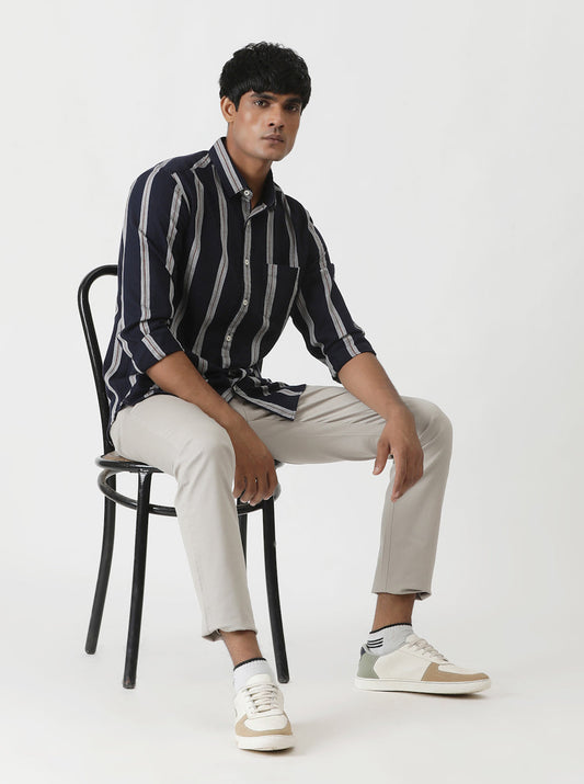 Navy Blue Striped Slim Fit Casual Shirt | Greenfibre