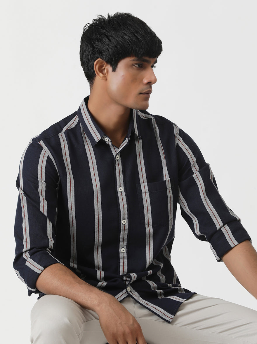 Navy Blue Striped Slim Fit Casual Shirt | Greenfibre