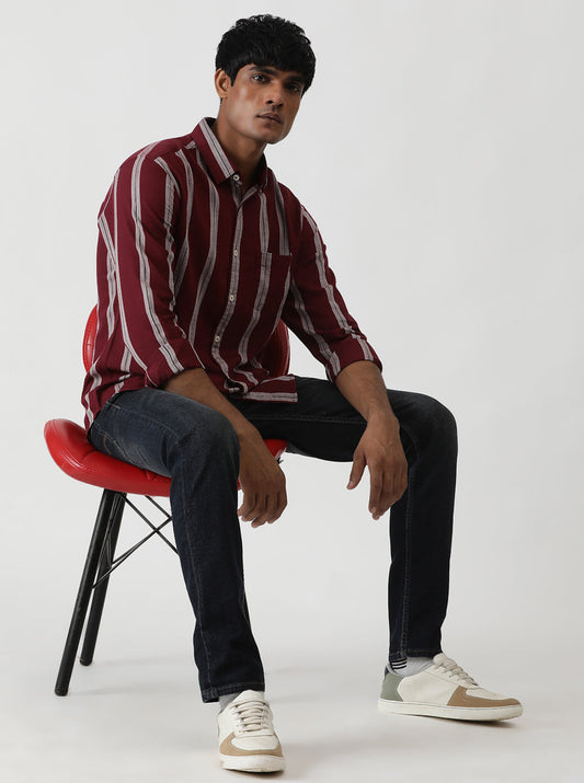 Wine Striped Slim Fit Casual Shirt | Greenfibre