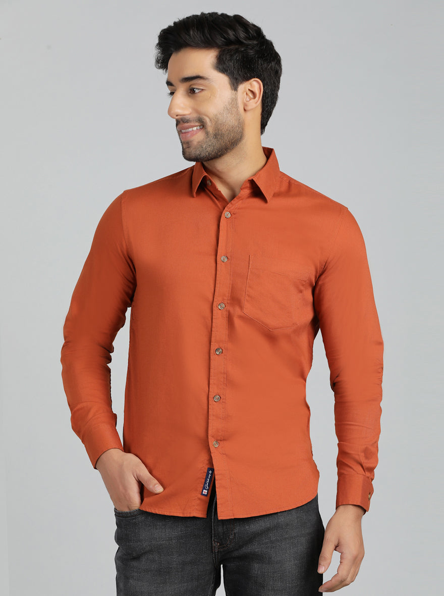 Greenfibre Rust 100% Cotton Casual Shirt - Slim Fit Solid Pattern