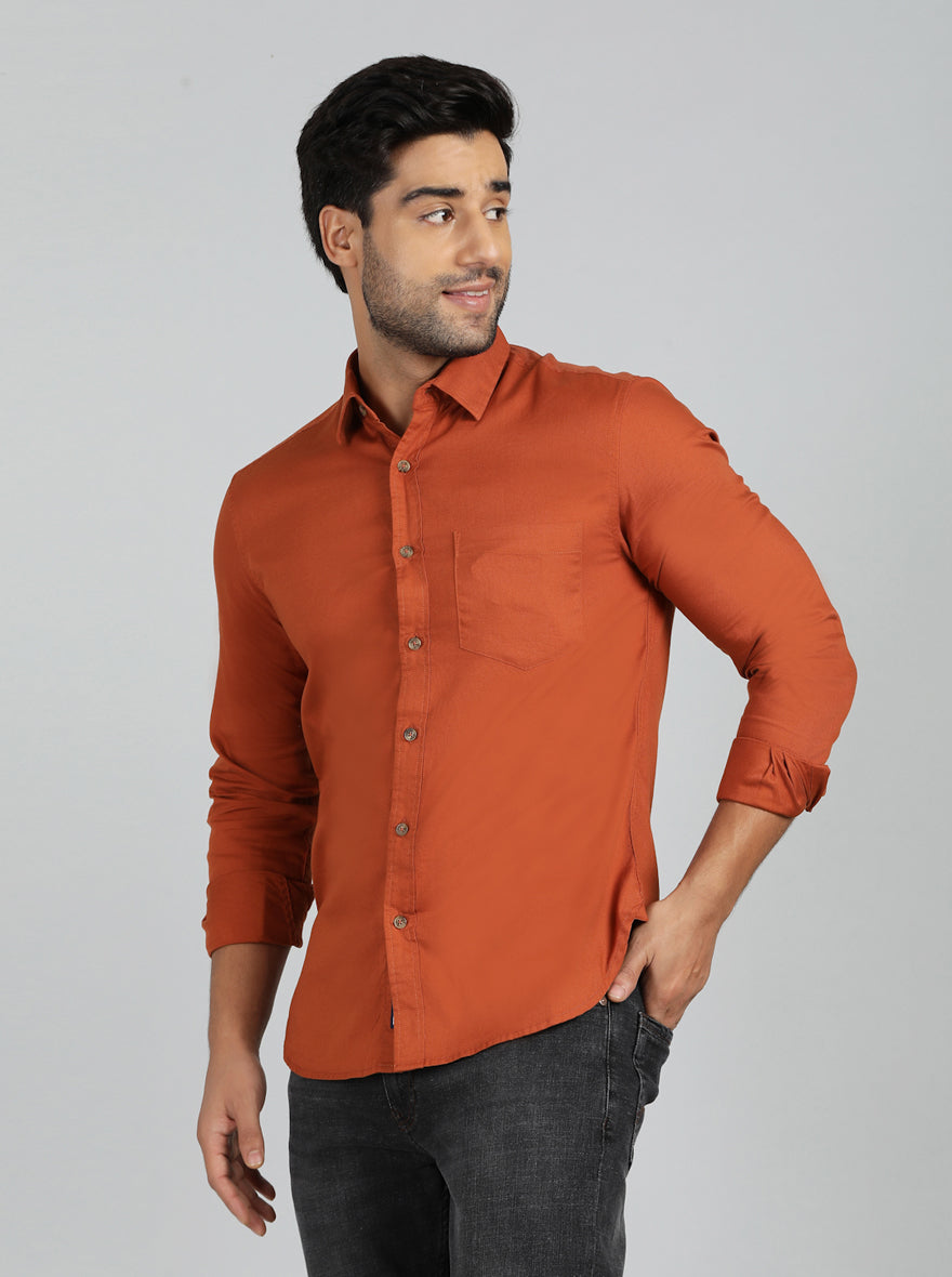 Greenfibre Rust 100% Cotton Casual Shirt - Slim Fit Solid Pattern