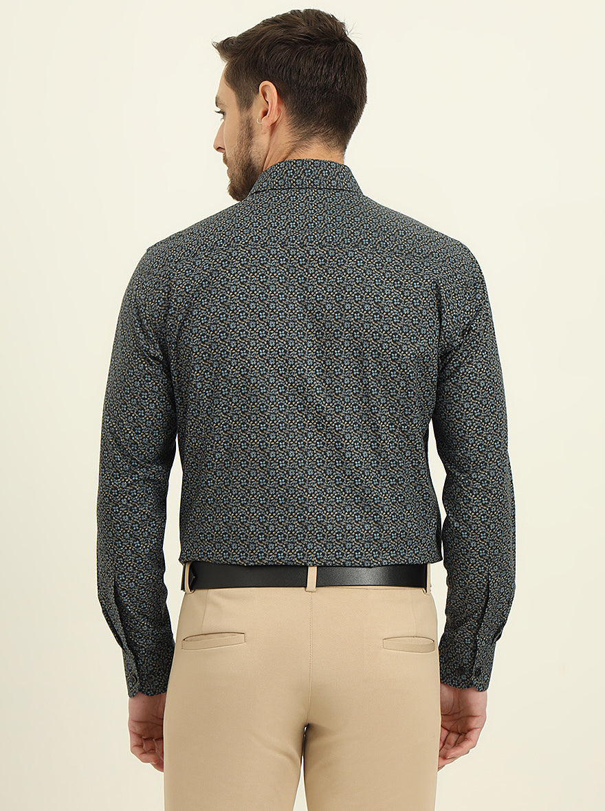 Navy Blue Printed Slim Fit Formal Shirt | Metal